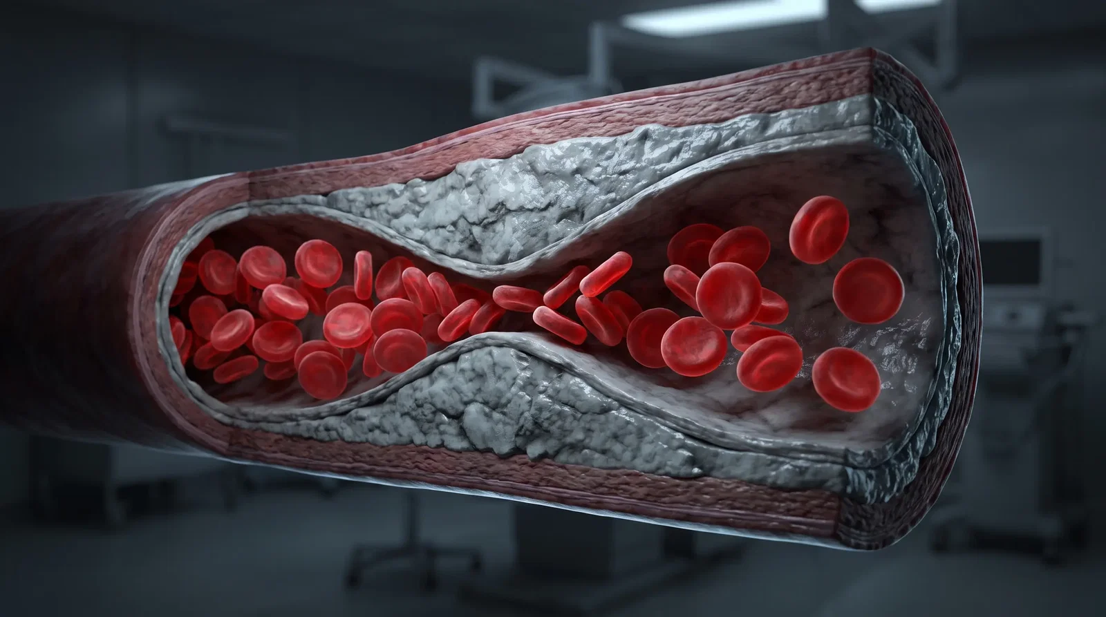Cross-section illustration of an artery narrowed by hardened plaque, with red blood cells squeezing through