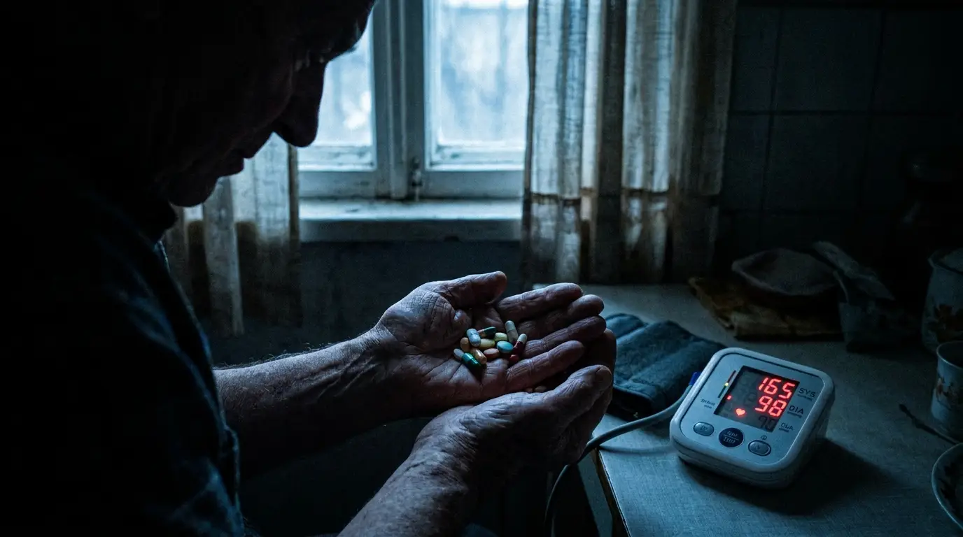 A handful of blood-pressure tablets beside a home monitor showing a high reading