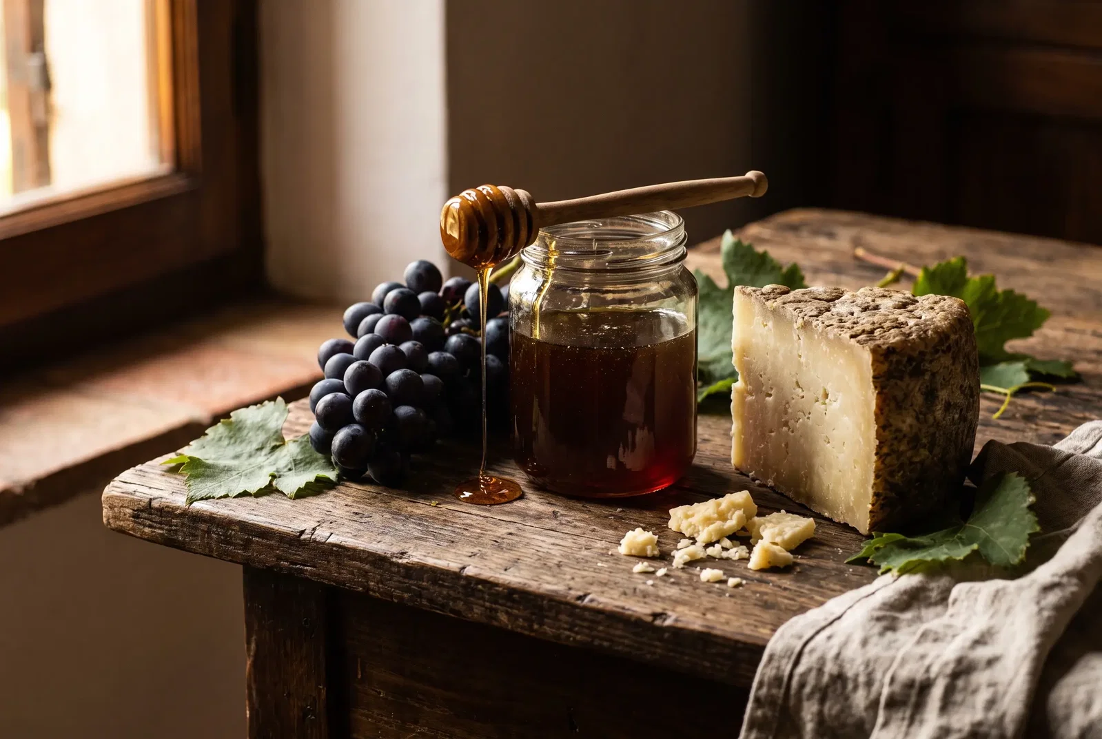 Sardinian bitter honey in a jar, dark grapes and a wedge of pecorino cheese on a rustic table